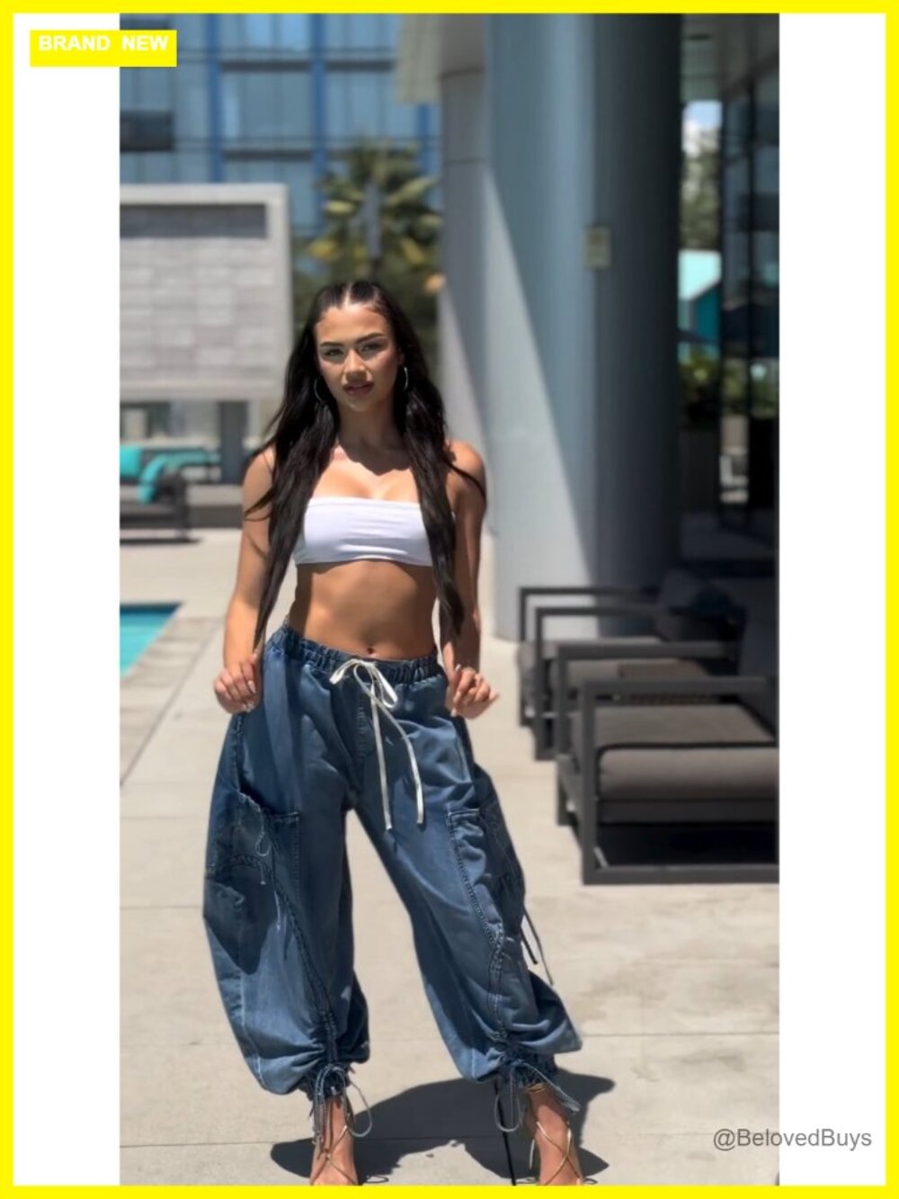 Baggy Cargo Jeans Joggers Drawstring High Waist Loose Wide Leg Denim Pants with - Picture 7 of 7